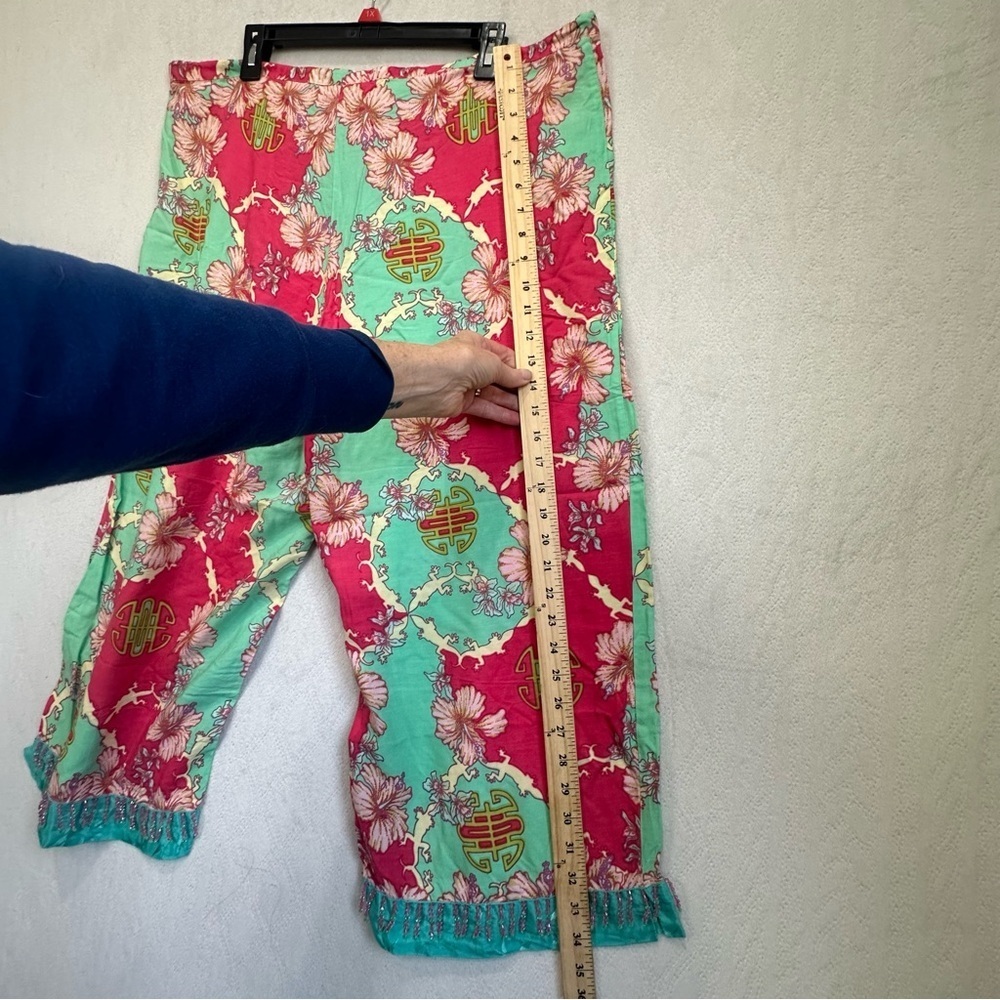 Vintage Rainbow Jo Tropical Floral Pink & Mint Pants Sz L Beaded Button Hawaiian - Picture 10 of 15